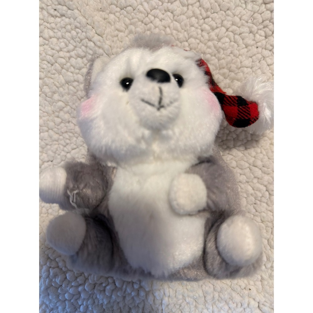 Aurora World Husky Dog Plush Christmas Santa Hat Buffalo Plaid Grey White 5 inch